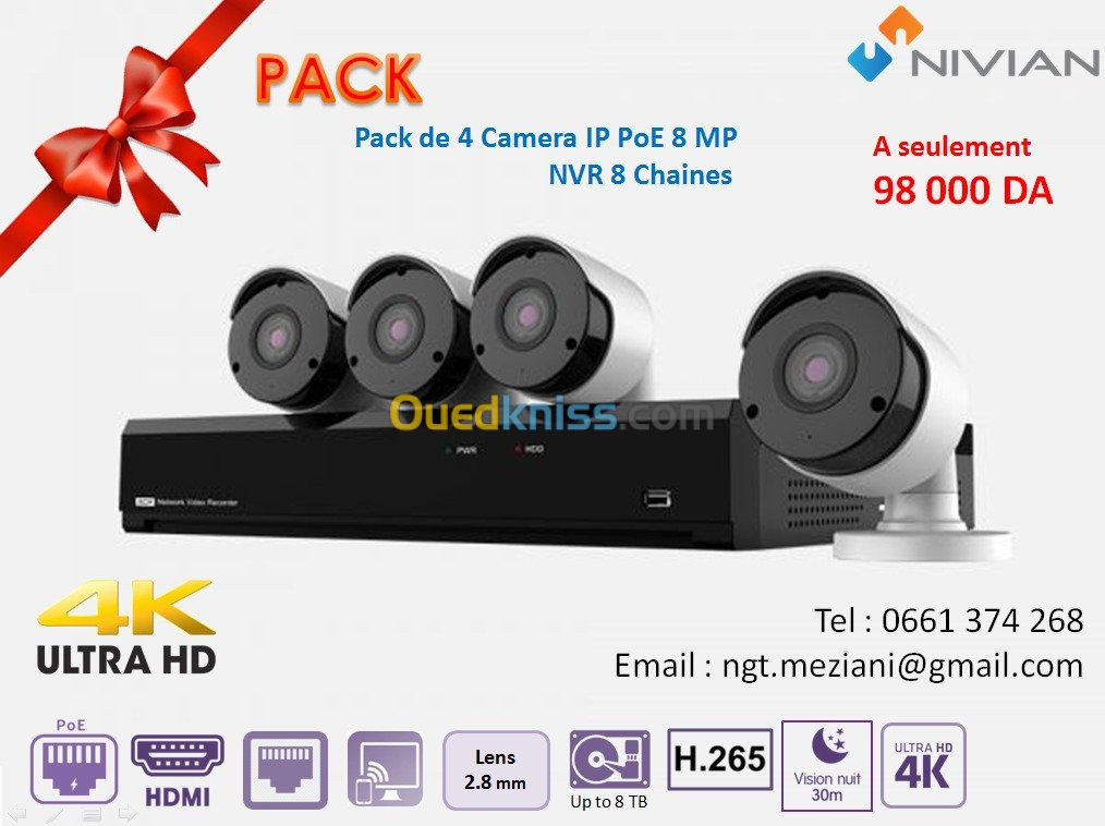 Pack  4 Camera + NVR 5 mpx et 4K