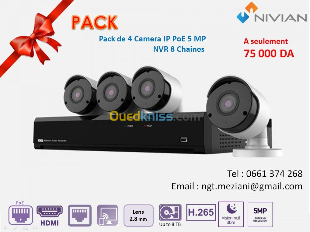 Pack  4 Camera + NVR 5 mpx et 4K