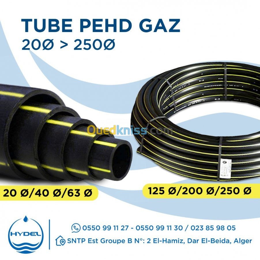 TUBE PEHD PE GAZ DN20|DN40|DN63|DN110|DN125|DN160|DN200|DN250