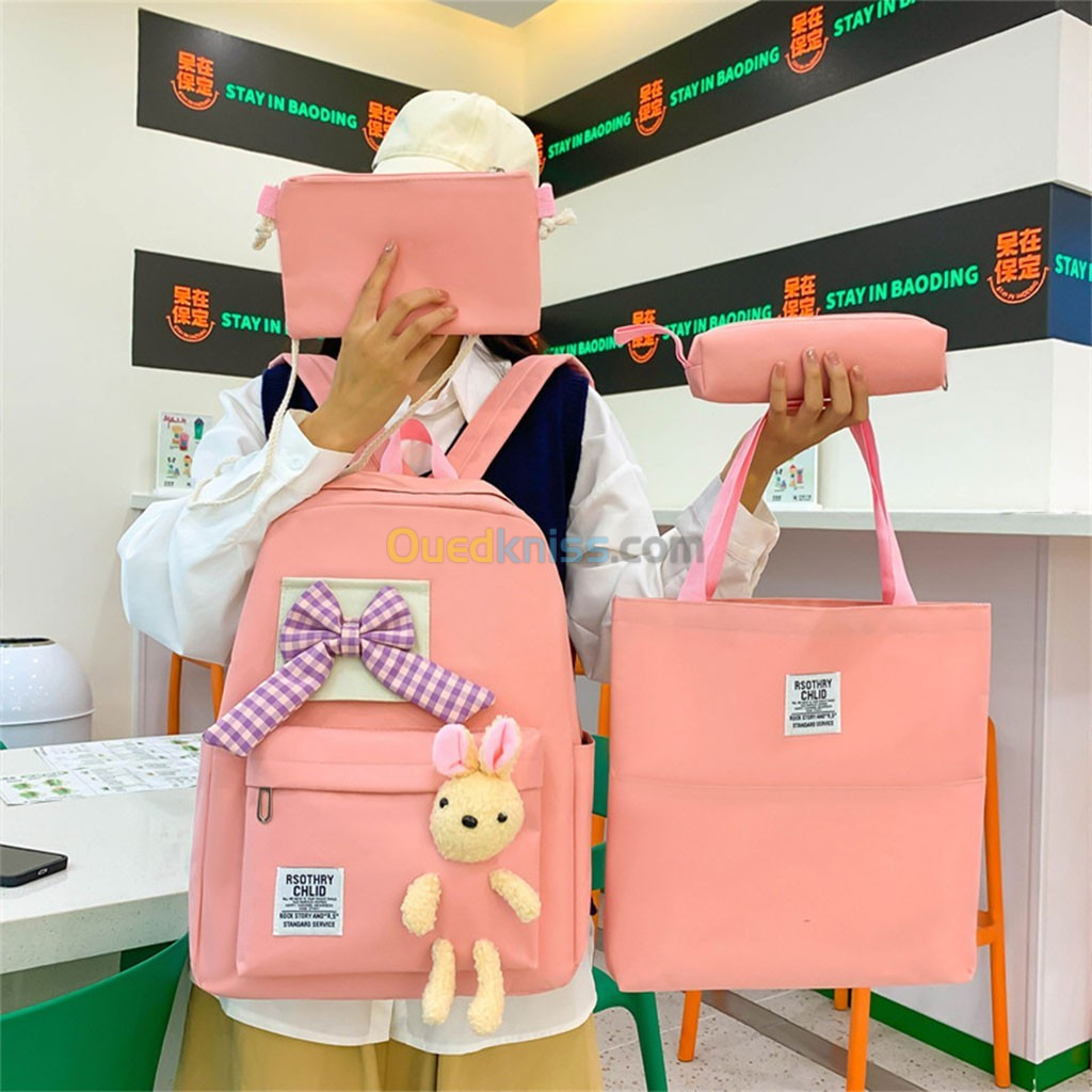 Ensemble Sac à dos Kawaii 4 pièces, joli sac à dos lapin pour la rentrer scolaire