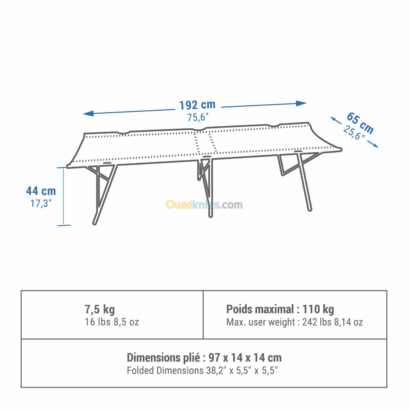 QUECHUA LIT DE CAMP POUR LE CAMPING - CAMP BED SECOND 65 CM - 1 PERSONNE