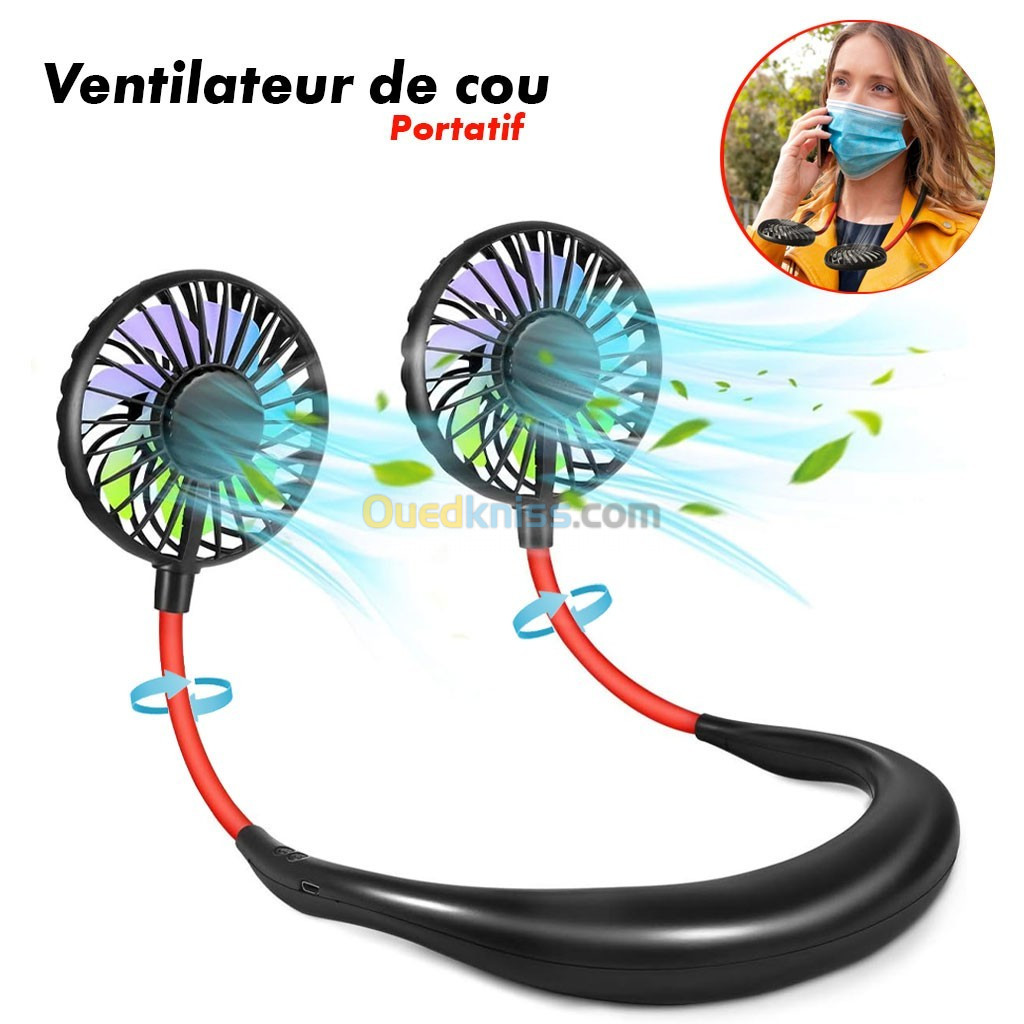 Ventilateur de cou, version améliorée, portable rechargeable USB, 3 vitesses, réglable à 360 degrés