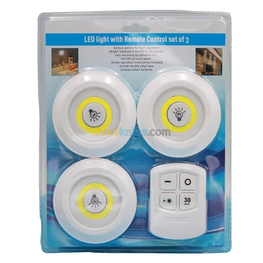 Kit de 3 lampes Led sans fil avec télécommande