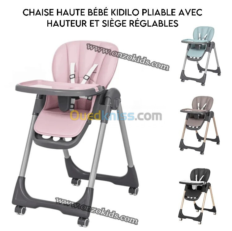 Chaise haute bébé kidilo pliable avec hauteur et siège réglable