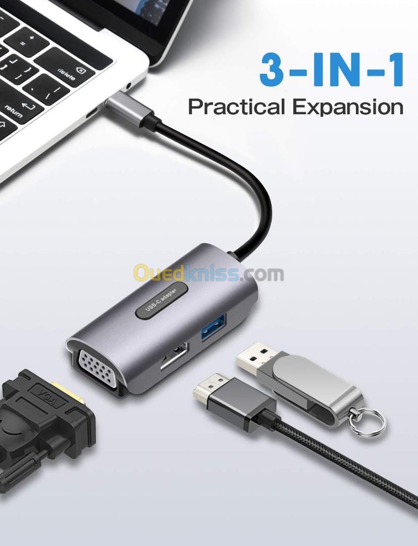 Adaptateur 3 en 1 4K UHD 1080P type-c vers VGA HDMI, hub usb 3.0 