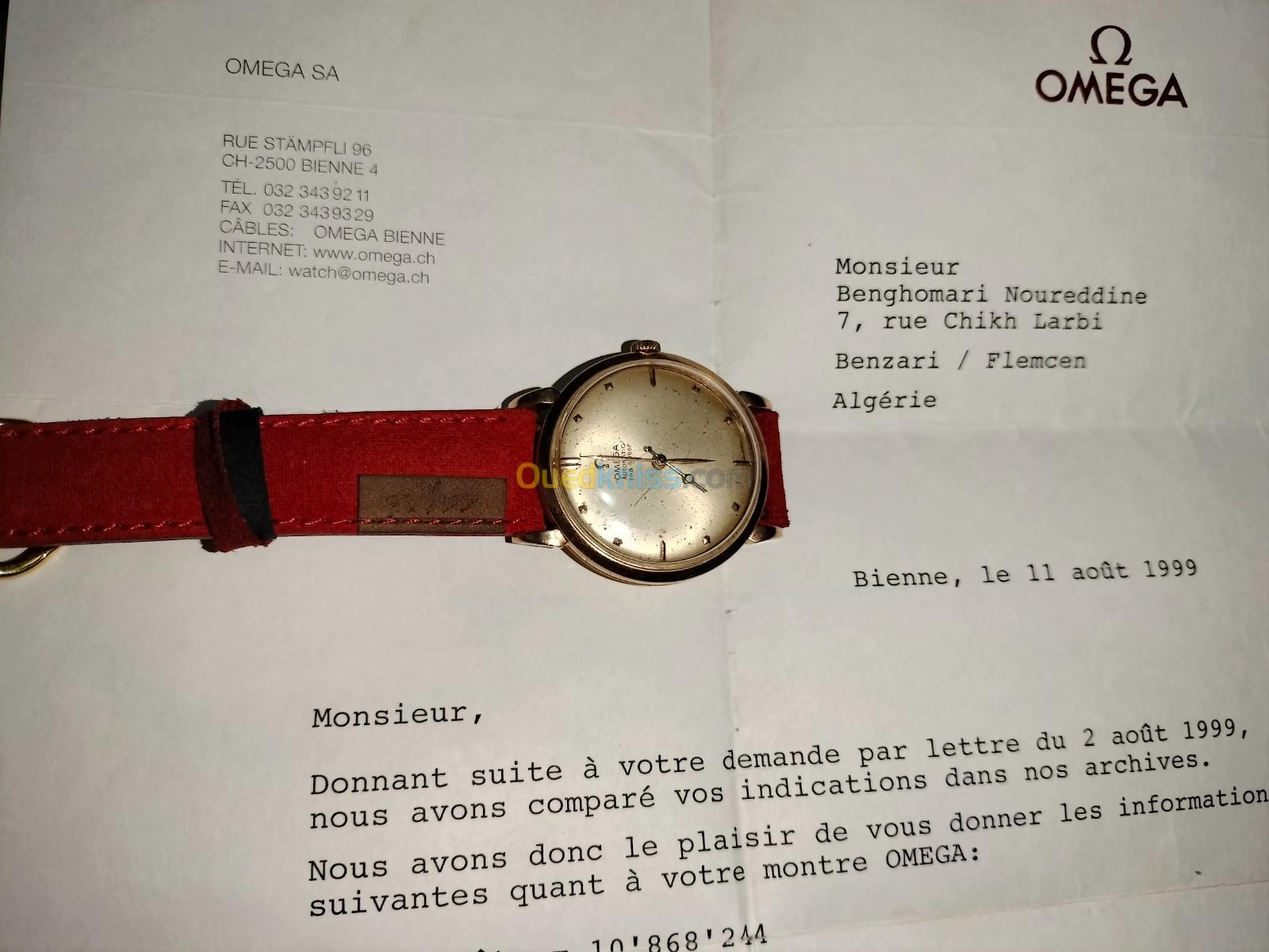 Une montre Omega en or avec une certafica .la date de Fabrication en 28 Nouvenbre 1949 .. marche 