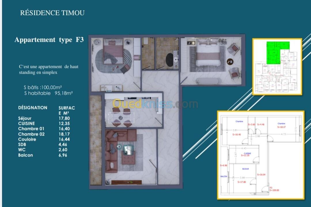 Vente Appartement F3 Alger Bordj el kiffan