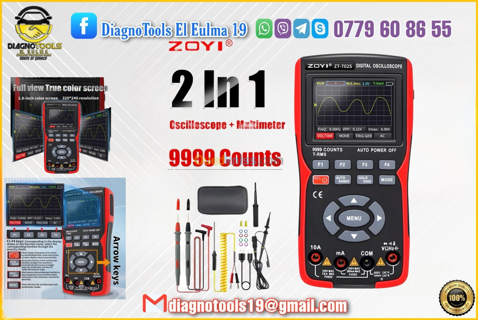 Multimètre d'oscilloscope numérique 2 en 1 ZT-702S Taux d'échantillonnage en temps réel