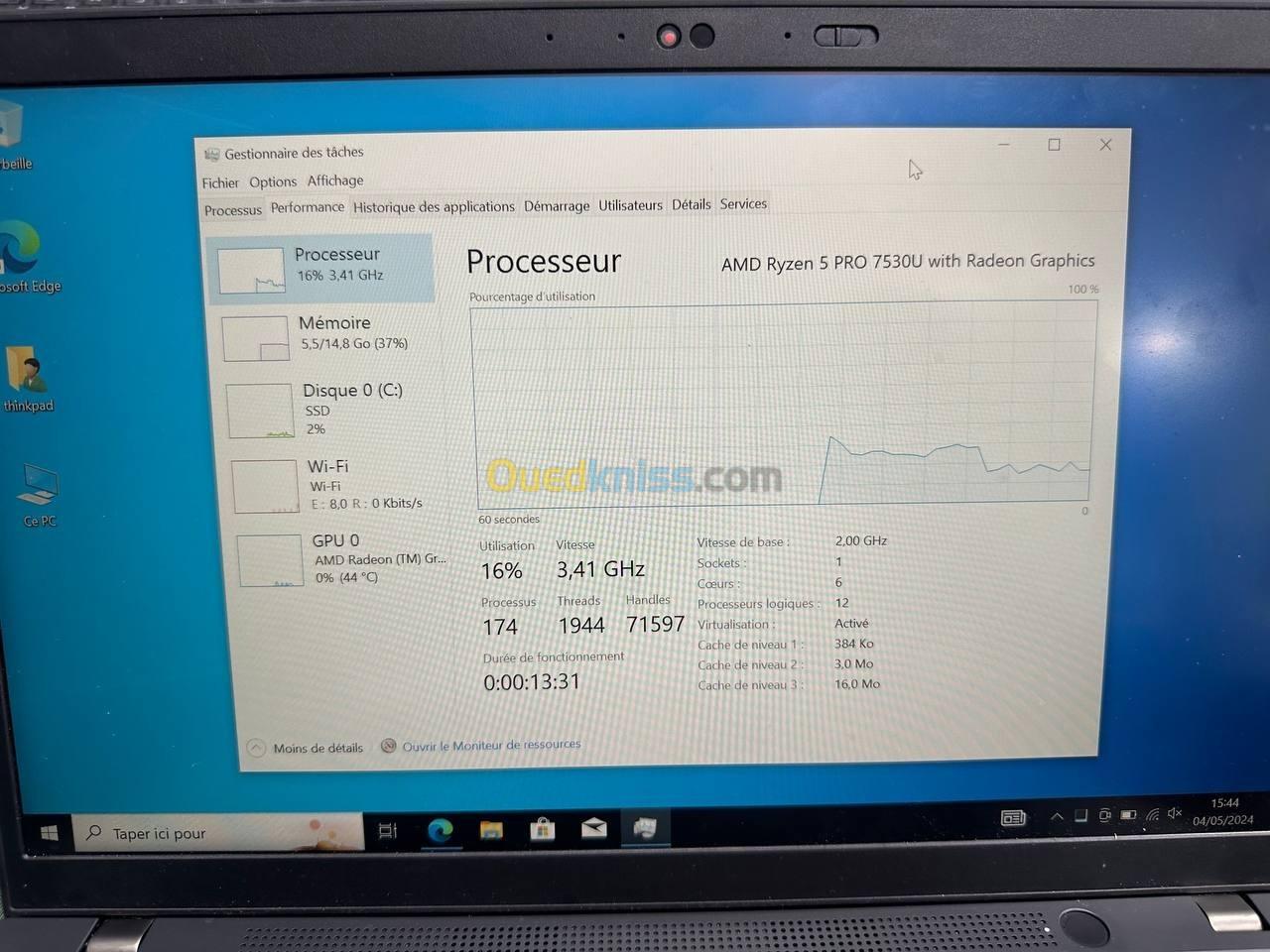 Thinkpad L14 GEN 4 2023 Ryzen 5 7530U 16GO 512NVME + CHARGEUR ORIGINAL