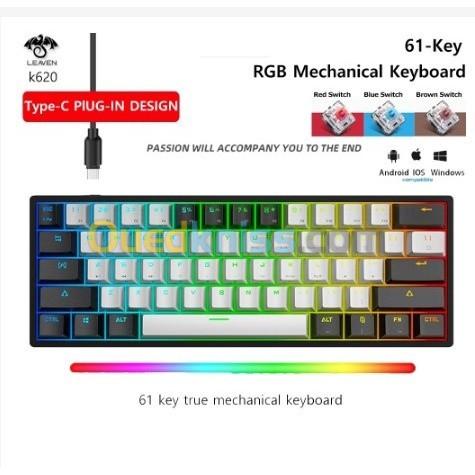 Mechanical Keyboard LEAVEN K620 Gaming 60% Wired RGB (Black & White)