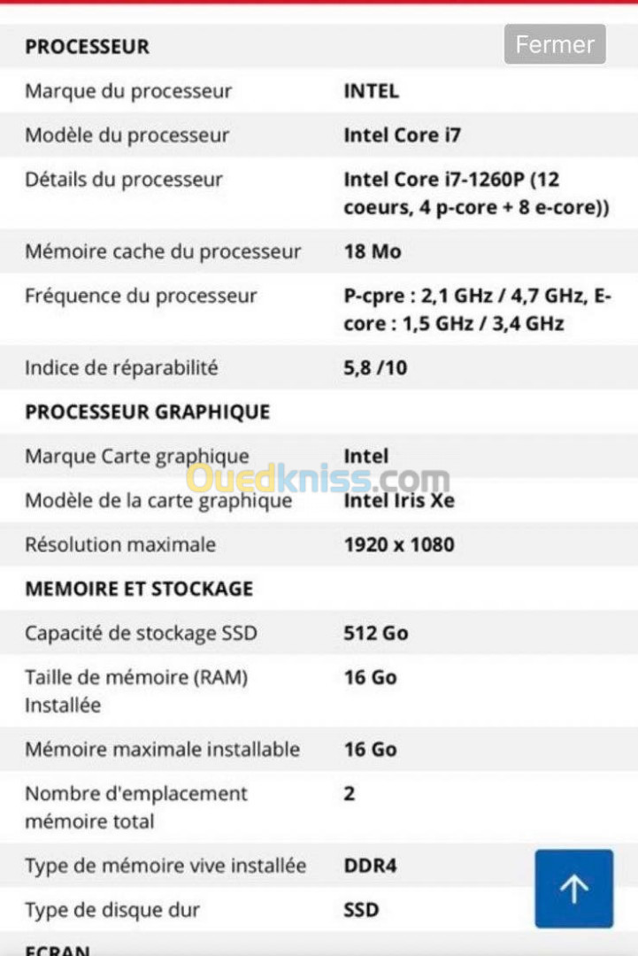 Intel core i7-1260p (12coeurs,4p-core+8 e core )