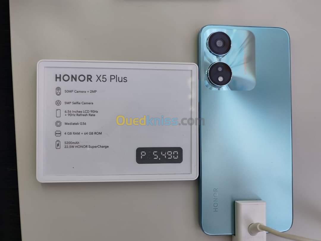 Telephone honor x5 🔥 الجديد كلياً 🔥  ‏💚 Honor X5 Plus💚  يدعم خدمات Google Play 🙅🏻 ‏Ram 4GB / Rom 64GB  الشاشة : 6.56 ”  ‏♨️LCD , 90HZ ♨️ نظام التشغيل : Android 13, Magic OS 7.1  المعالج : Helio G36 📟 ♨️ 12 نانومتر ♨️  الكاميرا الأساسية : 2.50,  MP 📷 كاميرا السيلفي : 5 MP 📸  بصمة جانبية 👈 البطارية : 5200 mAh 🔋 ‏♨️ Charge 10 W ⚡️♨️