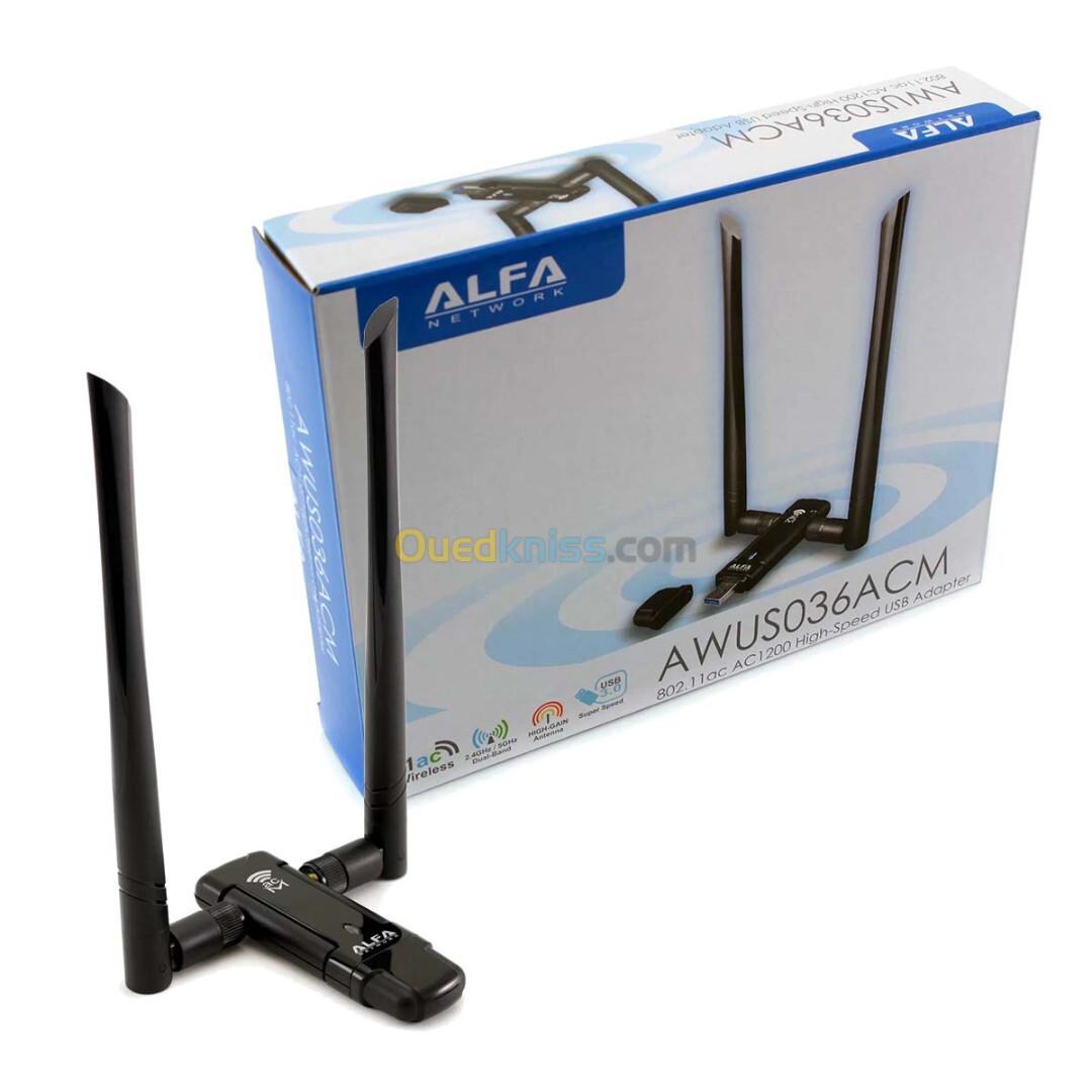 Adaptateur Sans fil Wi-Fi AC1200 Double Bande Longue Portée USB ALFA AWUS036ACM avec double antenne