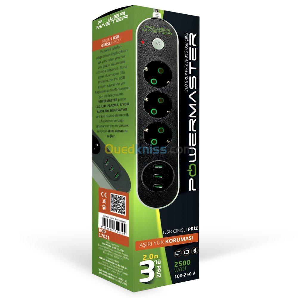 Multiprise Rallonge Power Master 3 Prise + 3 Usb 2M 2500W 100-250V