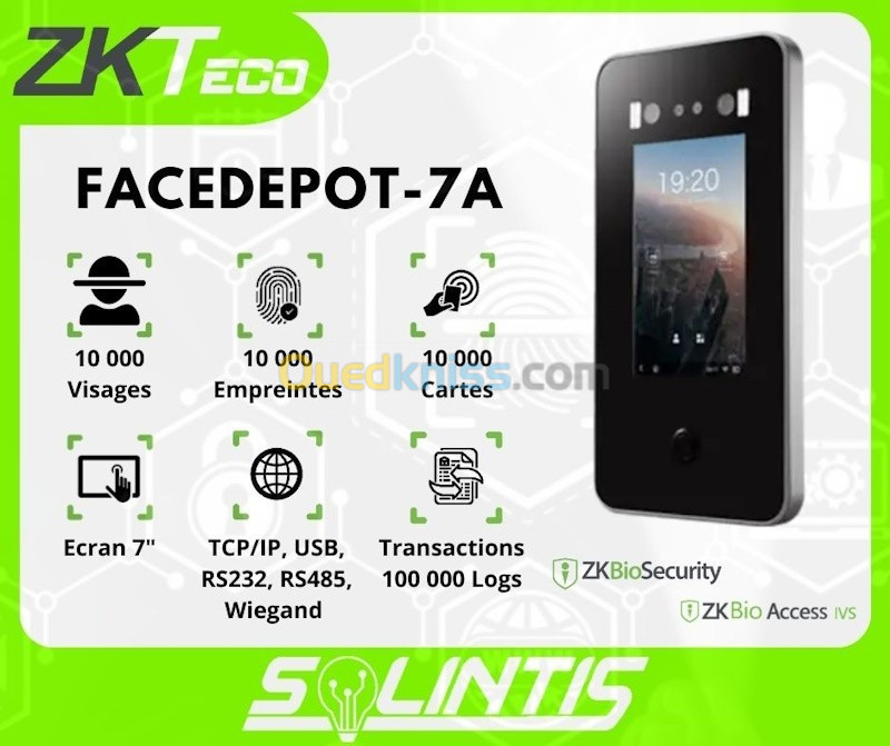 Terminal de reconnaissance faciale pour contrôle d'accès et pointage ZKTeco FaceDepot 7-A