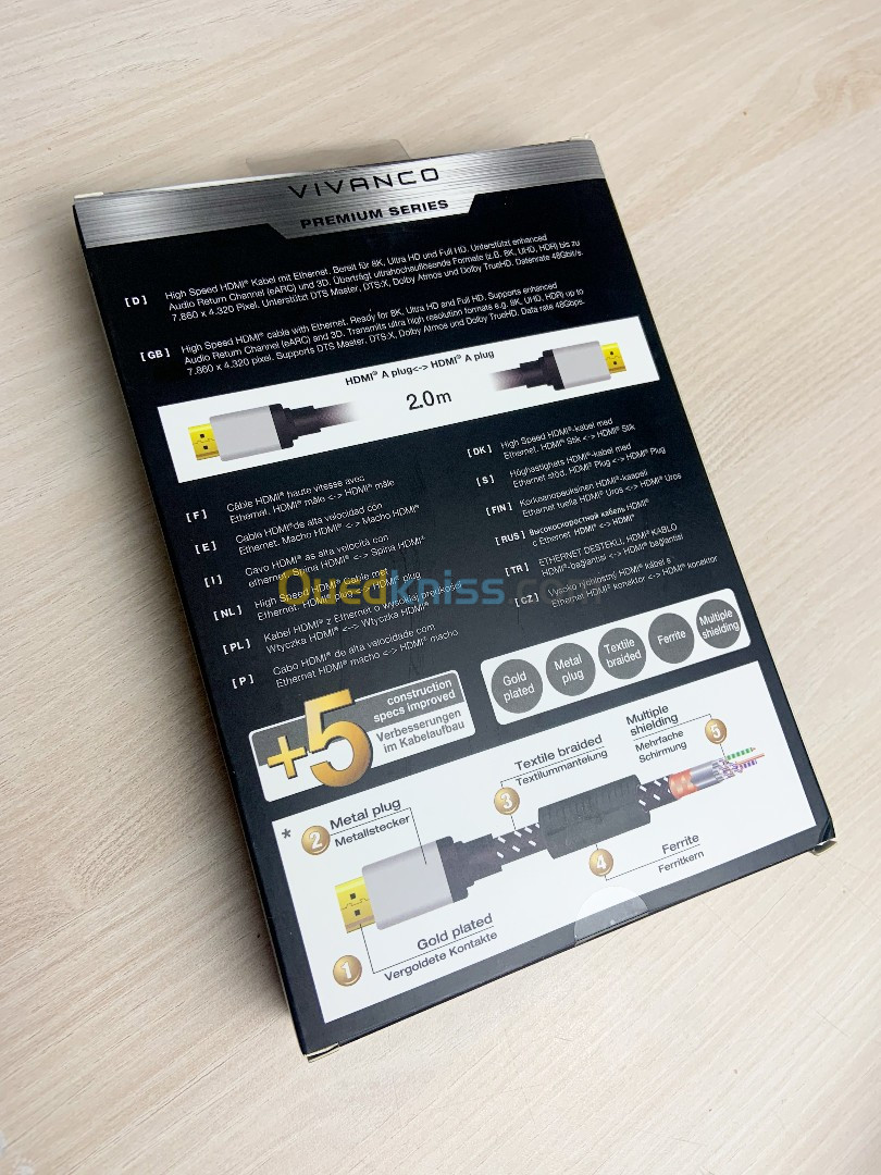 Vivanco HDMI Haute Vitesse 2.1 Ethernet 8K . Avec 8K @ 60Hz . 4K à 120 Hz jusqu'à 48 Go/s (2M)