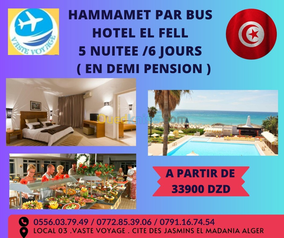 HAMMAMET PAR BUS HOTEL EL FELL 33900 DZD 