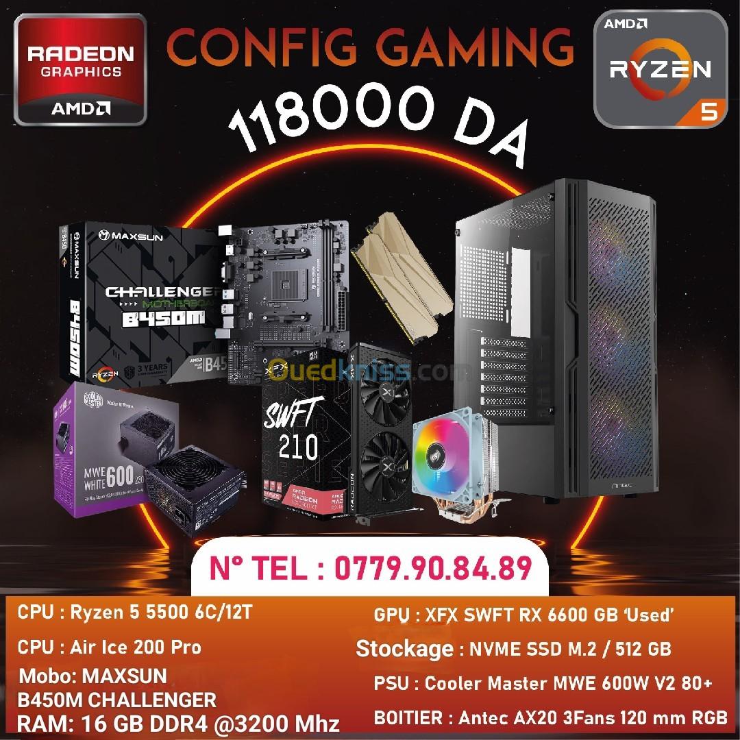 PC GAMING R5 5500+RX 6600+16 GB RAM 3200 MHZ+512 GB SSD NVME 