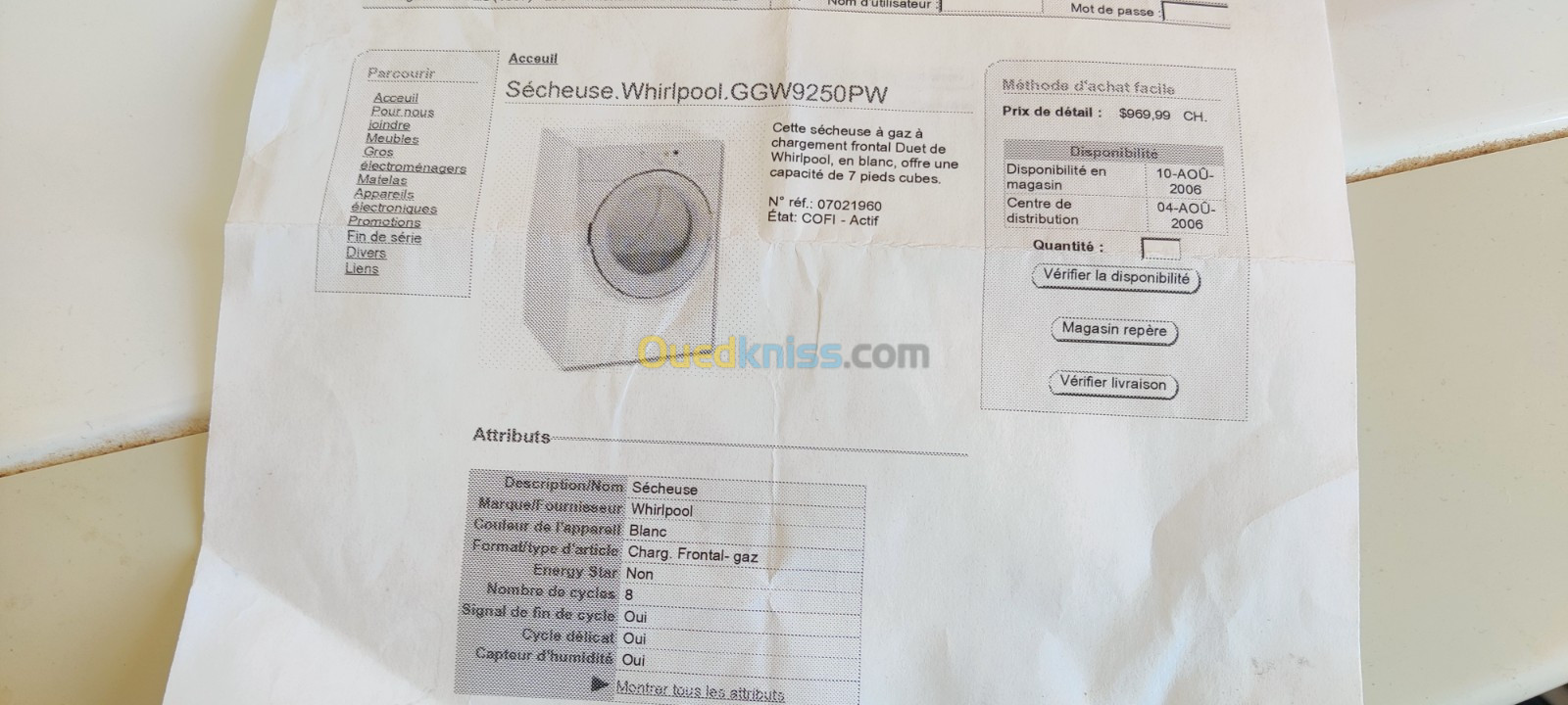 Sécheuse Whirlpool GGW9250PW à Gaz 