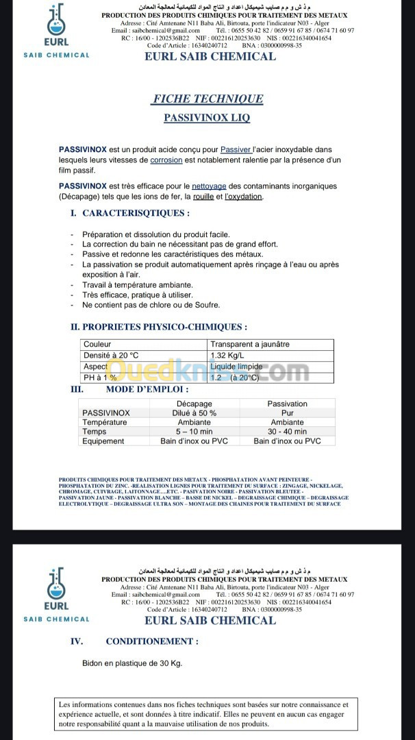 Passivant décapant d'acier inoxydable (inox)