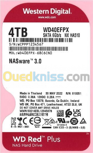  WD 4TB RED NAS PLUS - WD40EFPX - 3,0" SATA 6 Gb/S - 5400 TPM - 256 Mo - HDD