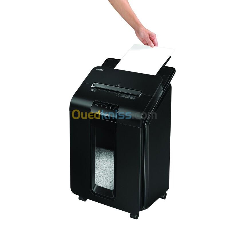 FELLOWES DESTRUCTEUR DOCUMENTS AUTOMAX 100M - 23 LITRES - COUPE CROISÉE P-4 - AGRAFES - TROMBONESES 