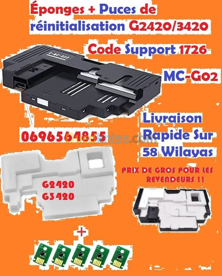 Éponges & Puce de réinitialisation Canon G2420, G3420 SUPPORT CODE 1726 MC-G02 MC-G03 MC-G04