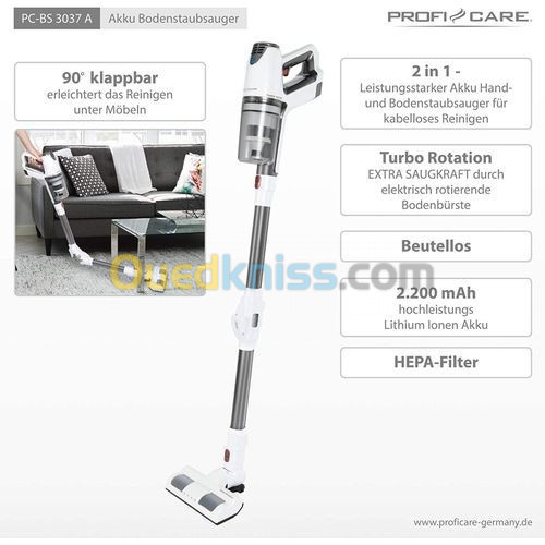 Profi Care Aspirateur Balai 2 En 1- Sans Fil, Cyclonique,-Pc-Bs 3037-Blanc-Gris