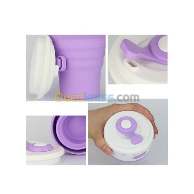 Tasse à café pliable en silicone avec couvercle 350ml - Mauveكوب قهوة سيليكون قابل للطي