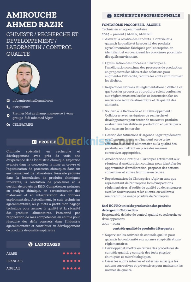 chimiste/ recherche et développement / technicocommercial / laborantin / formulateur 