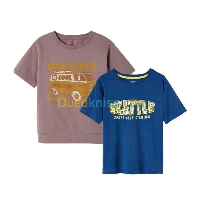 Vertbaudet Lot de 2 T-Shirts Garçon Manches Courtes  esprit college Bleu et Marron