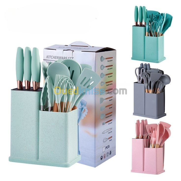 Premium Set of 19 - Silicone and Wood Kitchen Utensil