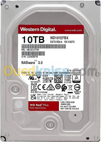 Disque Dur WD 3.5" Interne Red Plus 10 To 256 Mo Serial ATA 6Gb/S 7200 RPM