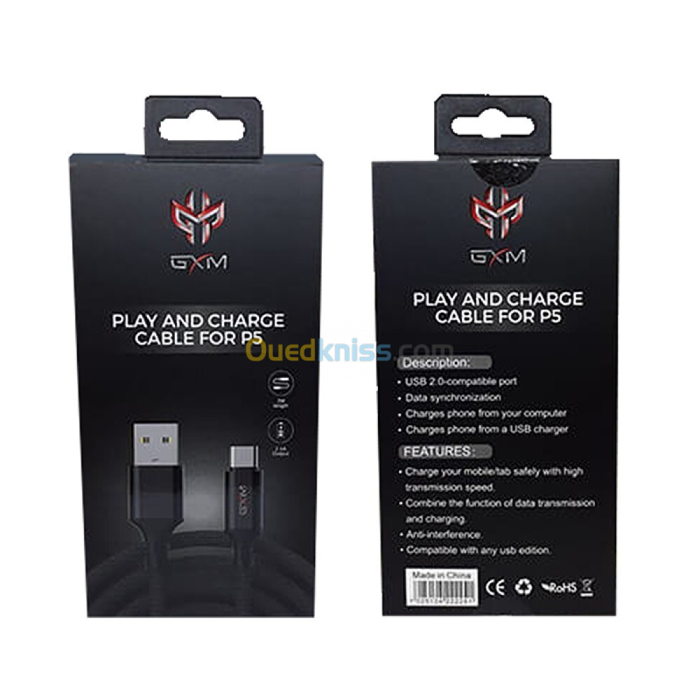 GXM CALBE USB-C CHARGEUR MANETTE PS5 - 2M LENGHT - 2.4 A OUTPUT - USB 2.0 - HIGHT SPEED - BLACK