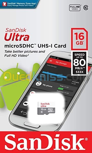 SanDisk Ultra Carte Mémoire MicroSDHC - Classe 10 - 16 Go - UHS I - 80 MB/s