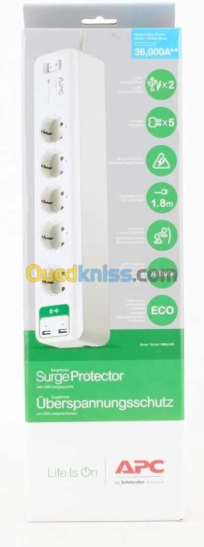 APC SCHNEIDER ELECTRIC SURGEARREST PM5U-GR - 5 SORTIES - 2 PORTS USB- 5V 2,4A - 230V- 1.8M-ALLEMAGNE