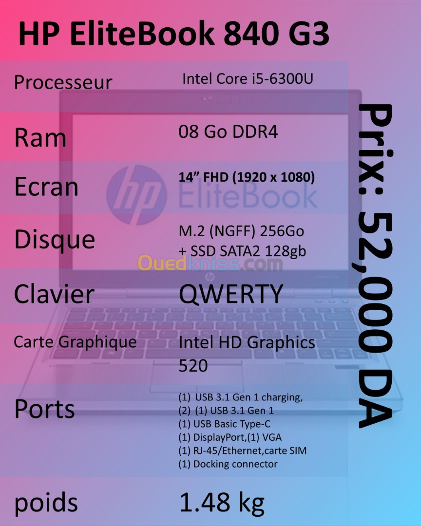 HP EliteBook 840 G3 i5-6300U/8Go/14"/256+128Go