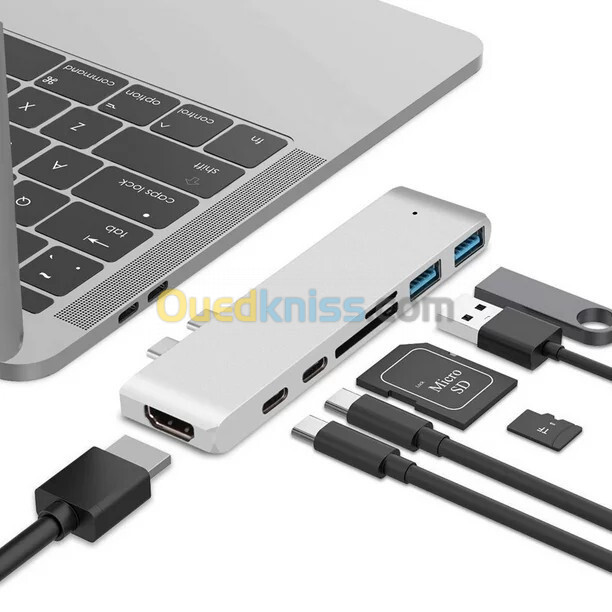 7 en 1 Double Type-c HUB Adaptateur USB C 4K HD Micro SD / Lecteur de Carte SD 2 USB 3.0