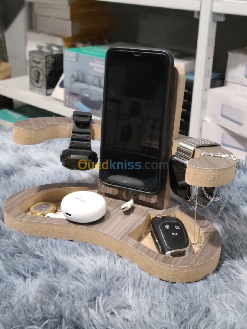  Support de téléphone en bois & porte clé & porte objets pour bureau et table de nuit