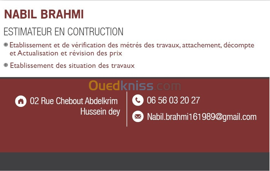 Métreur Vérificateur et étude de prix (ESTIMATEUR EN CONSTRUCTION)