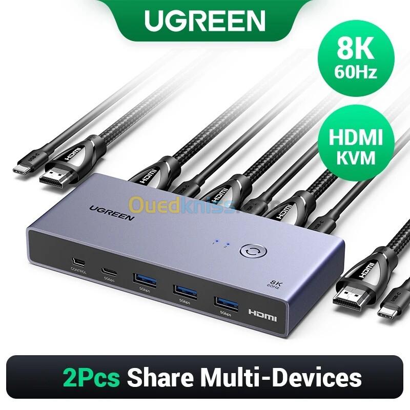 Commutateur KVM UGREEN 8K : 2 PC, 1 Écran, USB-C, 4K 60Hz, HDR