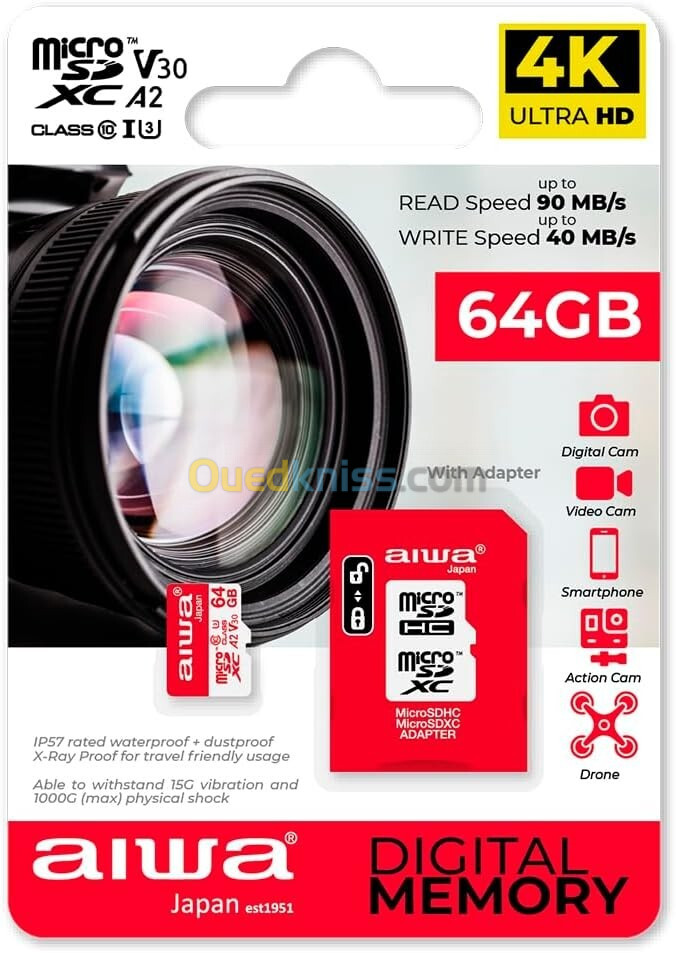 CARTE MICO SD+ADAPATATEUR AIWA 64GB ULTRA HD 4K