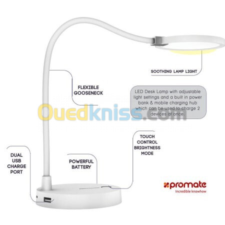 Lampe de Bureau LED Promate LumiFlex-2 avec Batterie Externe de 4000 mAh 