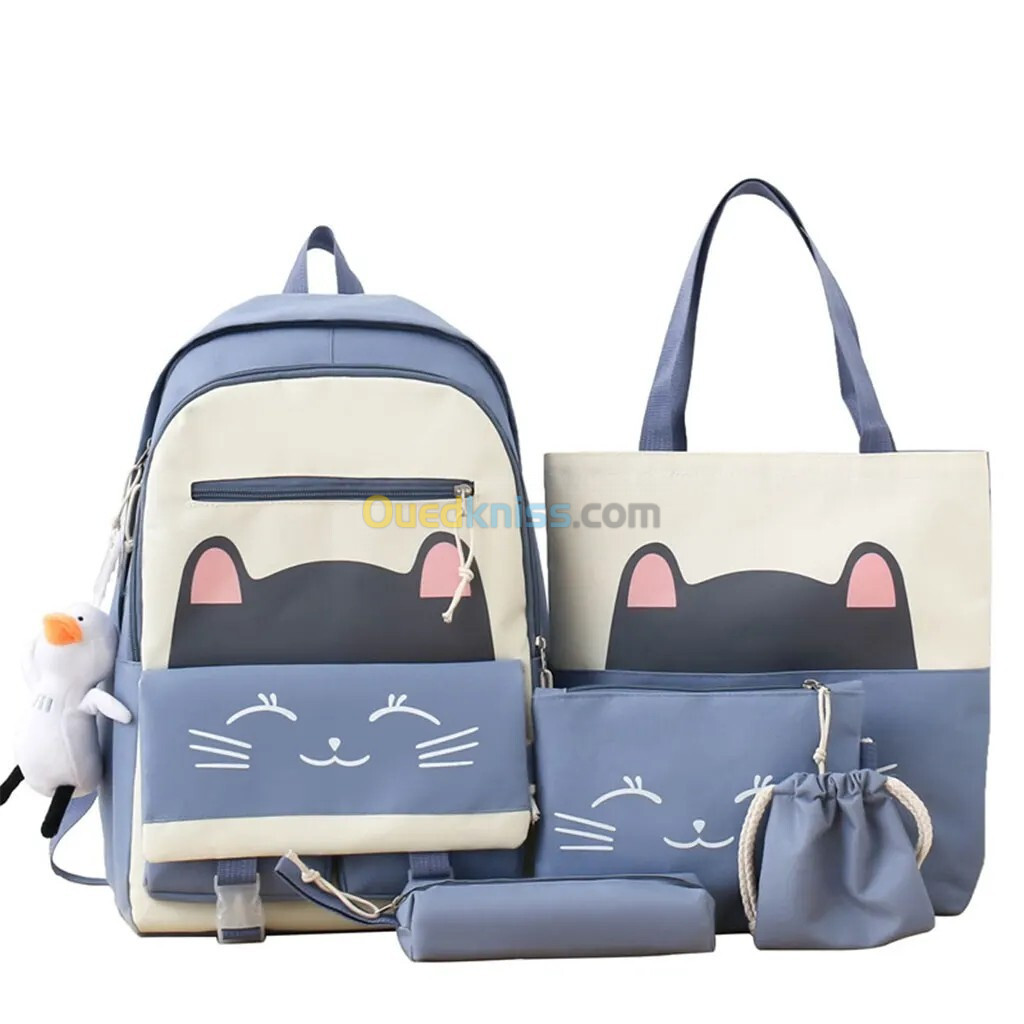 Sac À Dos Scolaire Cute Cat 5pcs en Tissu pour Adolescents Et Filles