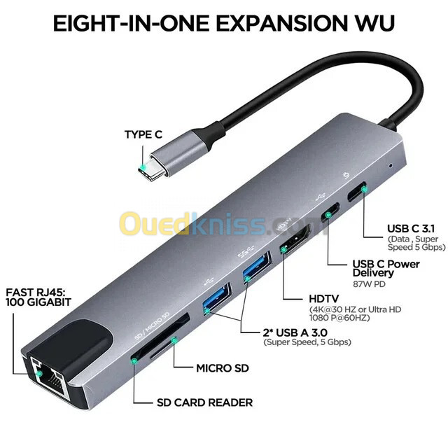 ADAPTATEUR (8 IN 1) TYPE-C TO RJ45+TYPE-C*2+SD CARD+USB3.0*2+HDMI 