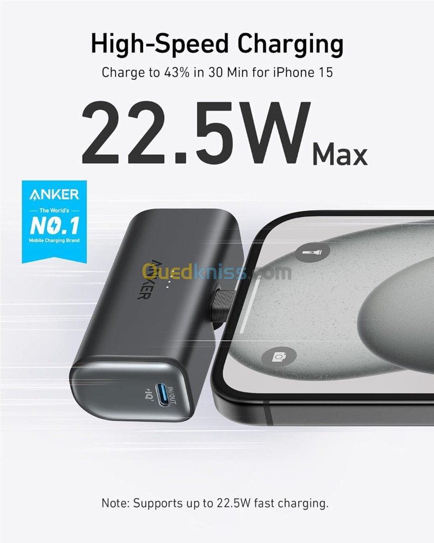 Power Bank Anker Nano 5000mah 22.5W avec connecteur USB-C pliable intégré Chargeur portable