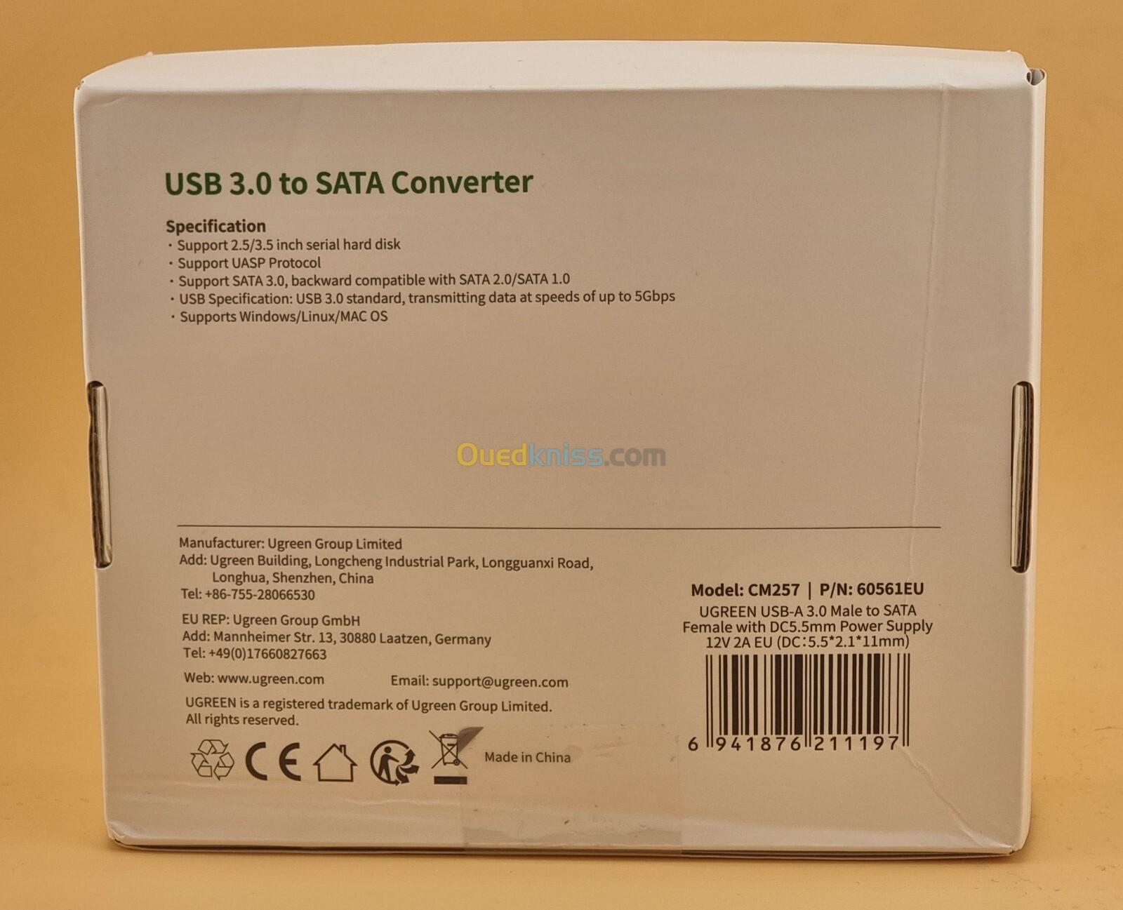 Ugreen  Convertisseur USB 3.0 vers disque dur SATA avec Alimentation 12V - 2A