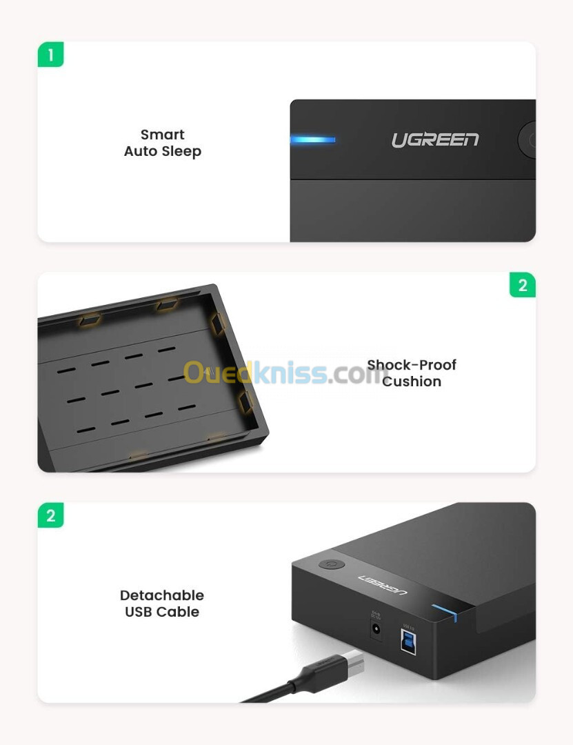 UGREEN Boîtier pour disque dur HDD & SSD SATA 3,5" & 2.5" USB 3.0 à SATA III + Alimentation 12V - 2A