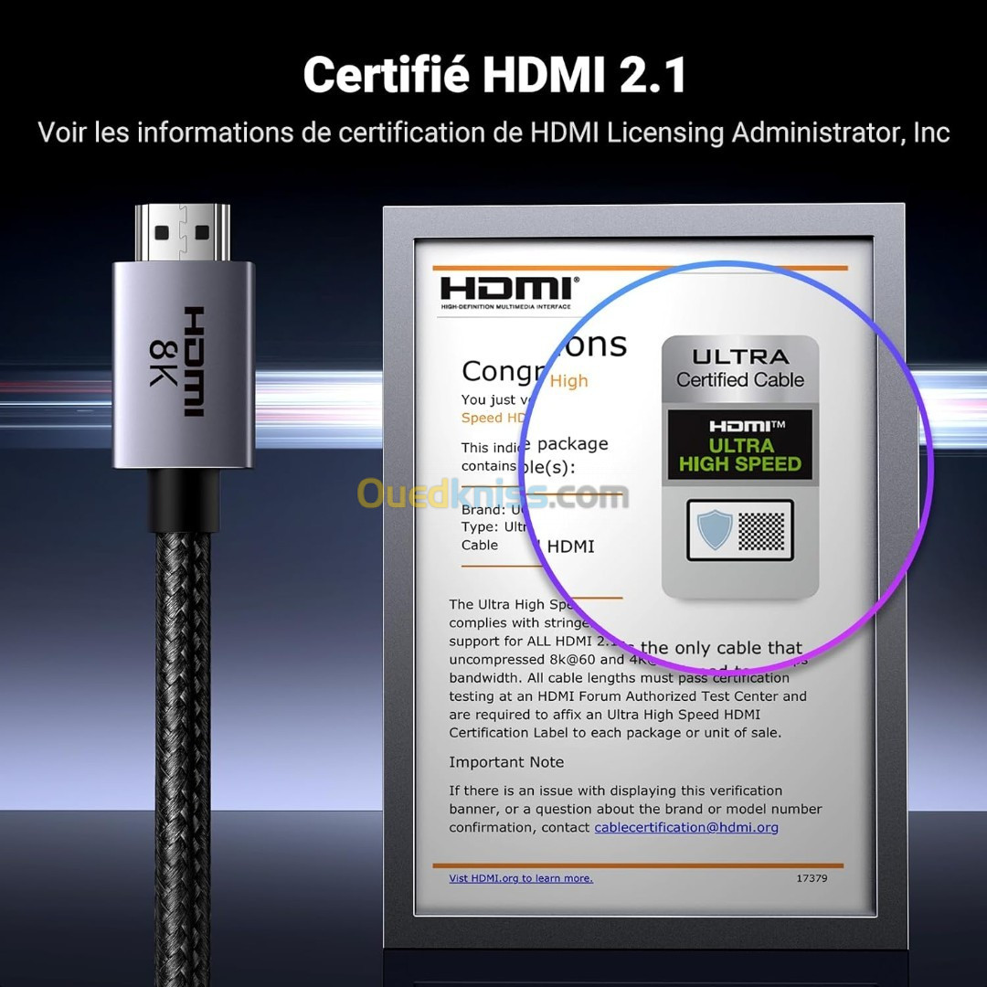UGREEN Câble HDMI 2.1 Certifié 4K 120Hz 48Gbps Dynamic HDR Dolby Vision Dolby Atmos HDCP eARC PS5 2m