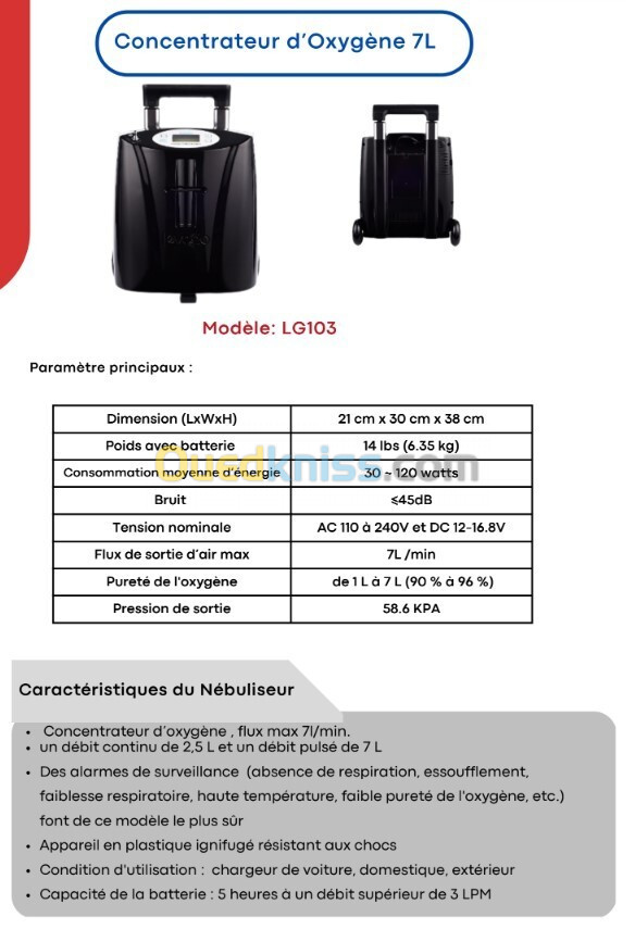 Concentrateur d'oxygène portable portatif 7 L 